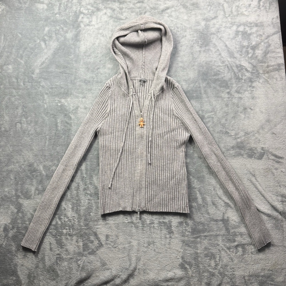 Savage X Fenty Women's 2X Gray Ribbed Knit Full Zip Hooded Sweater Hoodie